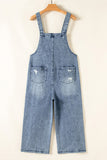 DISTRESSED WIDE LEG DENIM OVERALLS