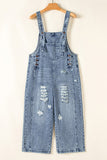 DISTRESSED WIDE LEG DENIM OVERALLS