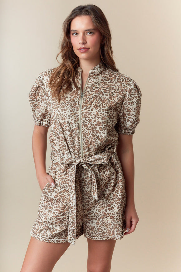 WASHED DENIM LEOPARD PRINT ZIPPER FRONT BELTED ROMPER