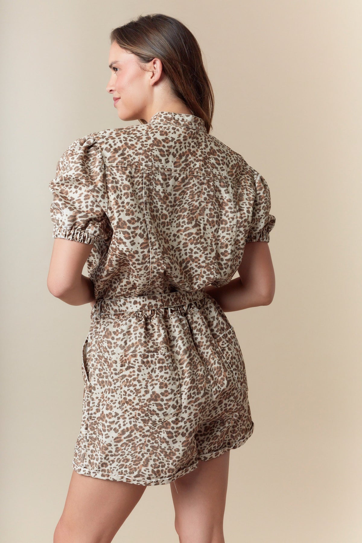 WASHED DENIM LEOPARD PRINT ZIPPER FRONT BELTED ROMPER