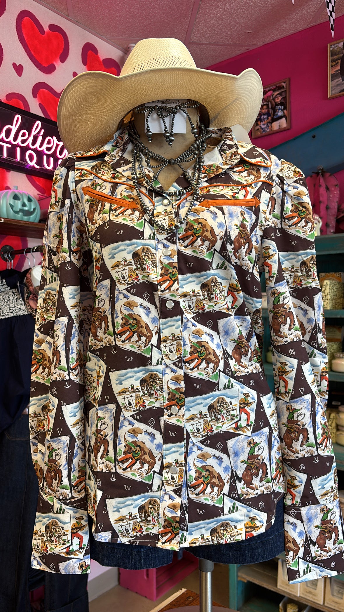 COWBOY STAMP LONG SLEEVE PEARL SNAP TOP