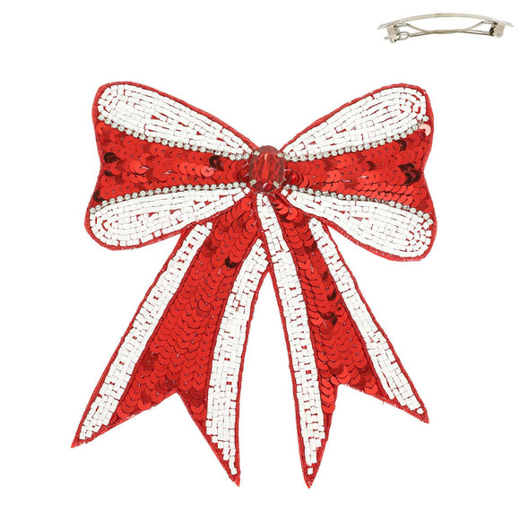 Gameday Sequin Ribbon Barrette Hair Clip - Red & White