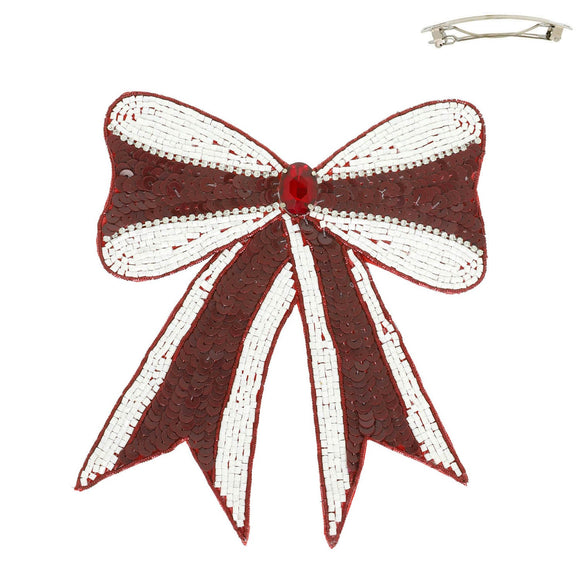 Gameday Sequin Ribbon Barrette Hair Clip - Maroon & White