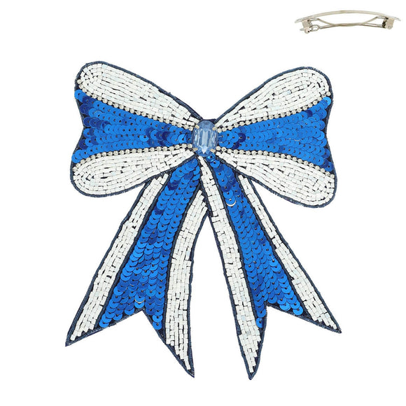 Gameday Sequin Ribbon Barrette Hair Clip - Blue & White