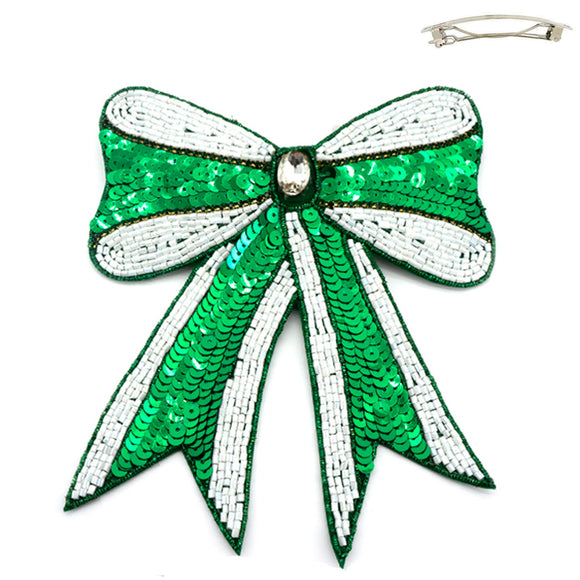 Gameday Sequin Ribbon Barrette Hair Clip - Green & White