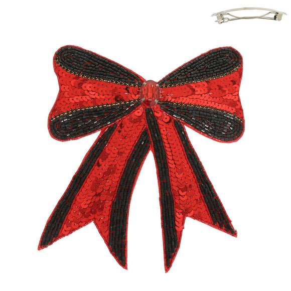 Gameday Sequin Ribbon Barrette Hair Clip - Red & Black