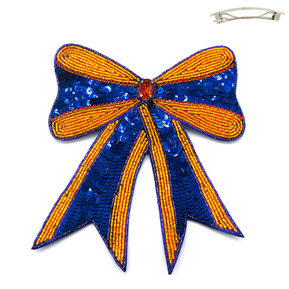 Gameday Sequin Ribbon Barrette Hair Clip - Navy & Orange
