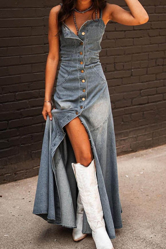 WESTERN BUTTON DOWN DENIM MAXI DRESS - GREY