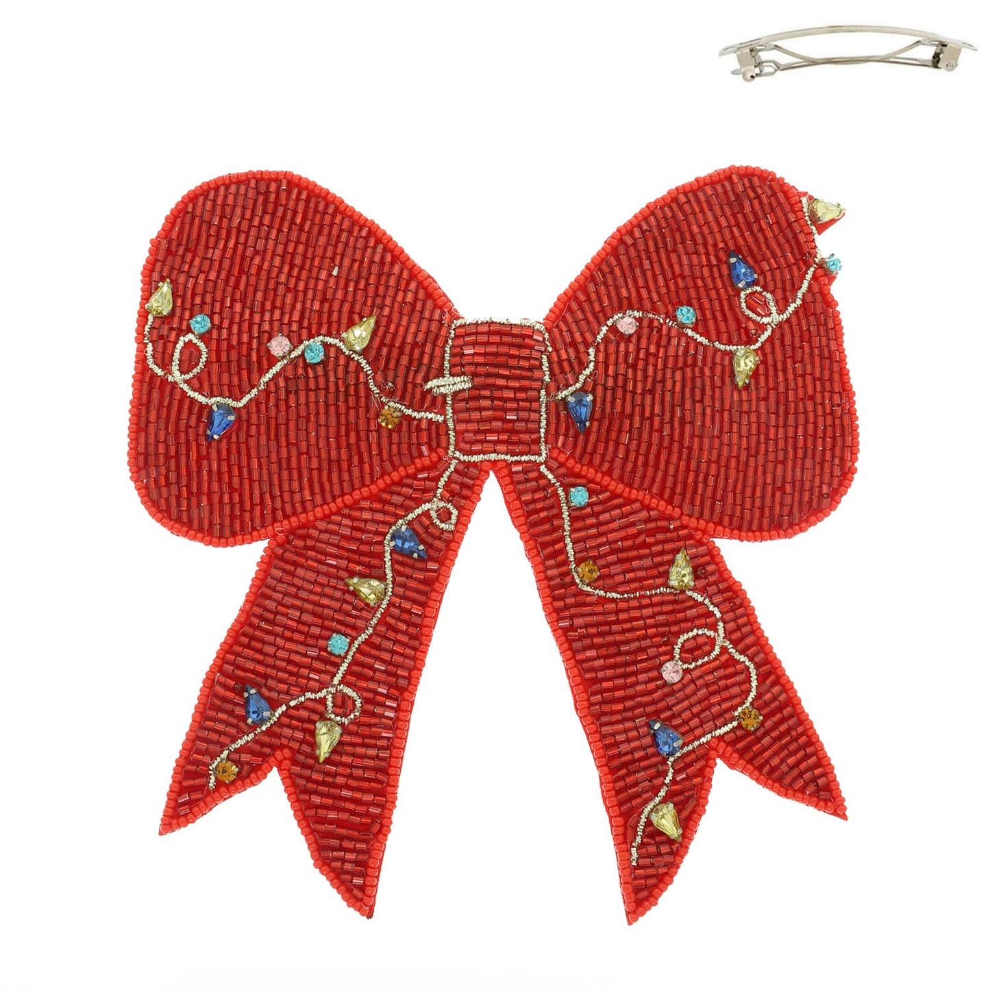 Red Christmas Lights Bow Beaded Barrette Hair Clip