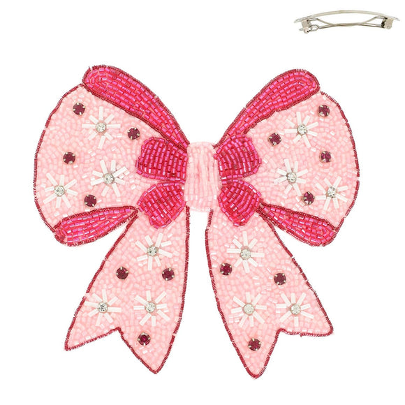 Pink Christmas Snowflake Bow Barrette Hair Clip
