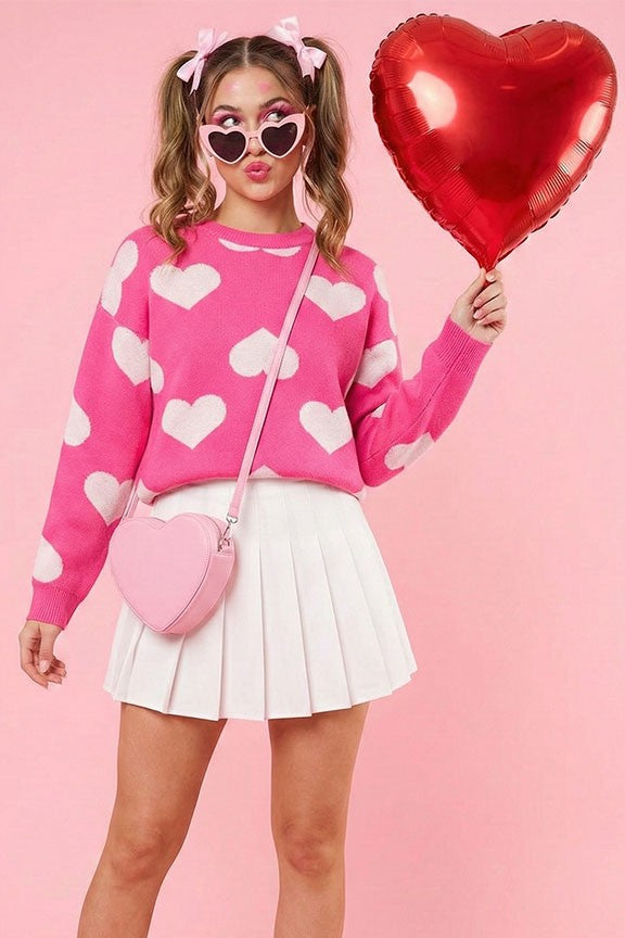 HEART VALENTINE'S DAY SWEATER - PINK WHITE