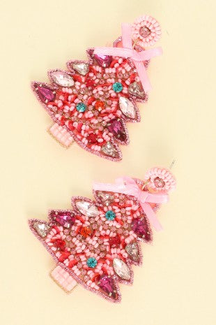 Pink Christmas Tree Seed Beaded Post Earrings