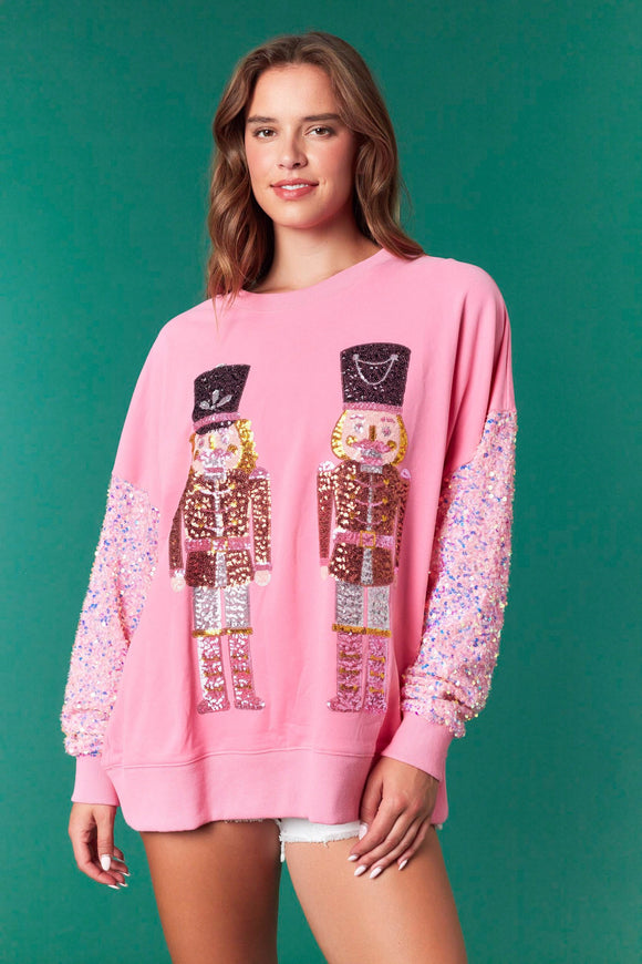 SEQUIN NUTCRACKERS EMBROIDERY PINK ROUND NECK SWEATER