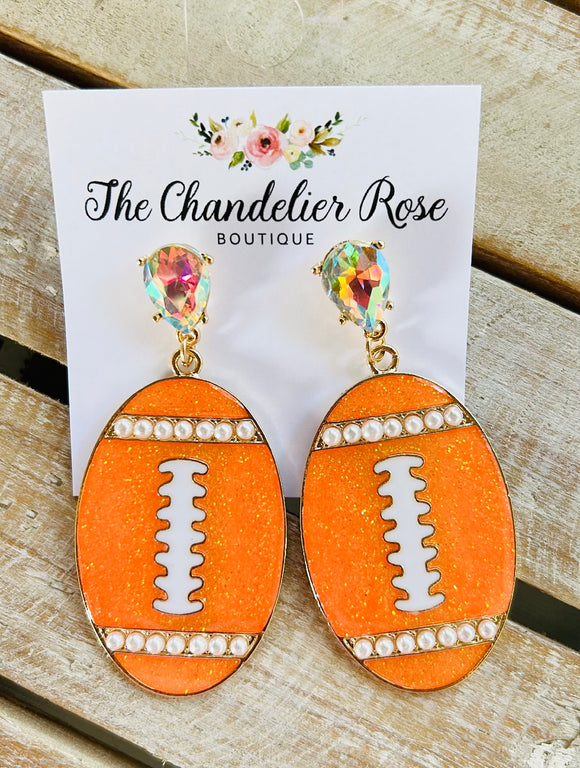 FOOTBALL PEARL AND RHINESTONE STUD EARRINGS - ORANGE