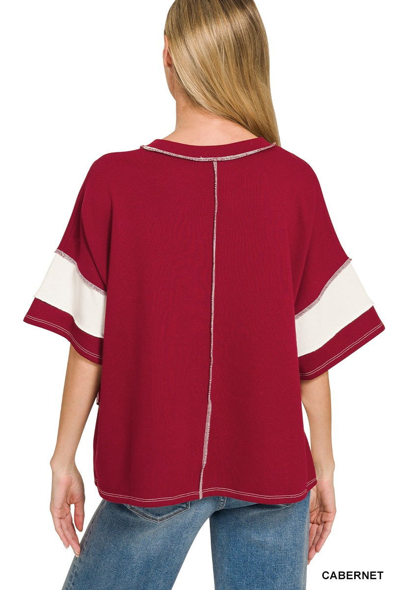 FRENCH TERRY STRIPED EXPOSED SEAM TOP - CABERNET