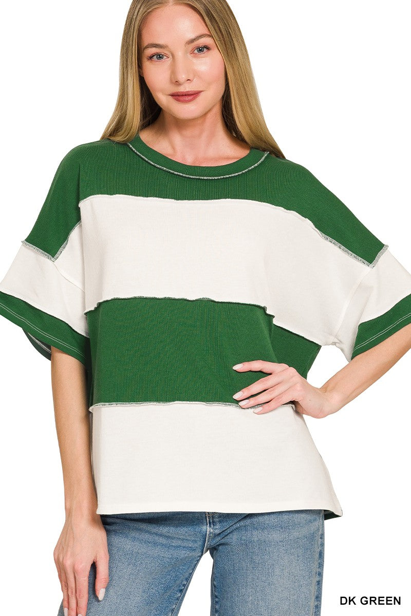 FRENCH TERRY STRIPED EXPOSED SEAM TOP - DARK GREEN