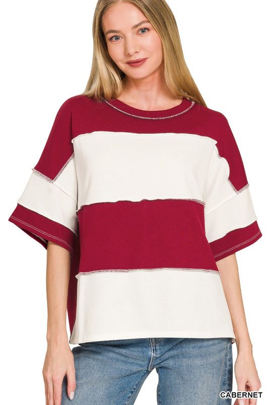 FRENCH TERRY STRIPED EXPOSED SEAM TOP - CABERNET