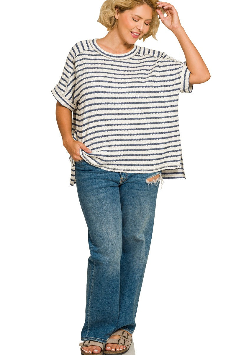 STRIPED SHORT SLEEVE HI-LOW TEE - BLACK