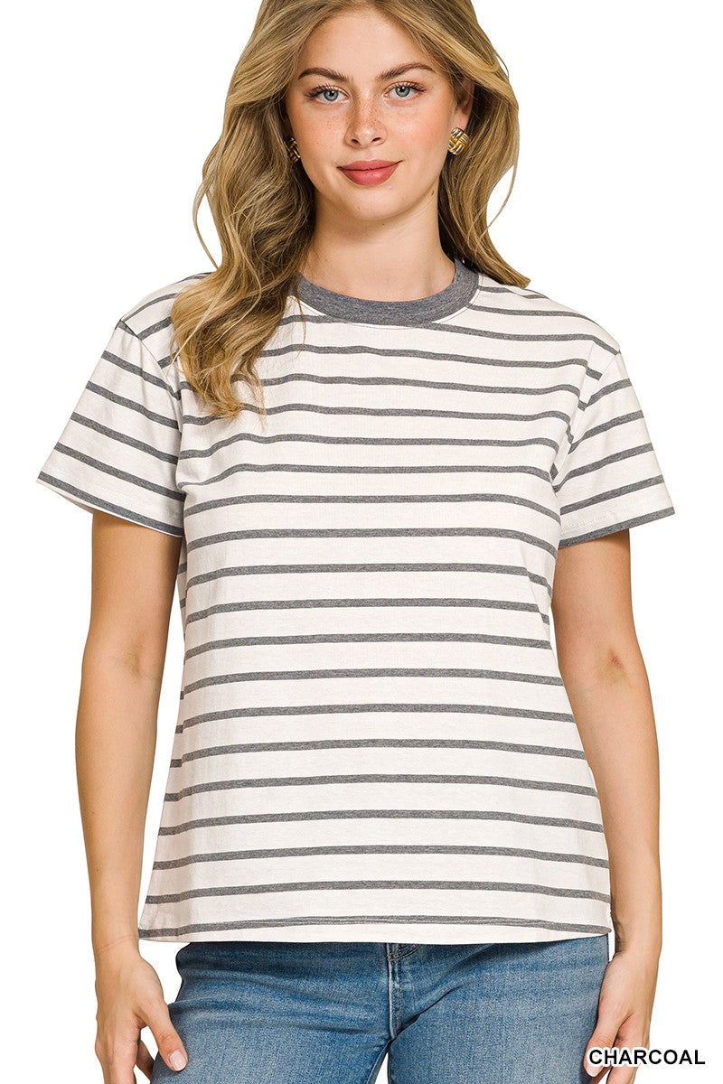 STRIPED CREW-NECK T-SHIRT - CHARCOAL