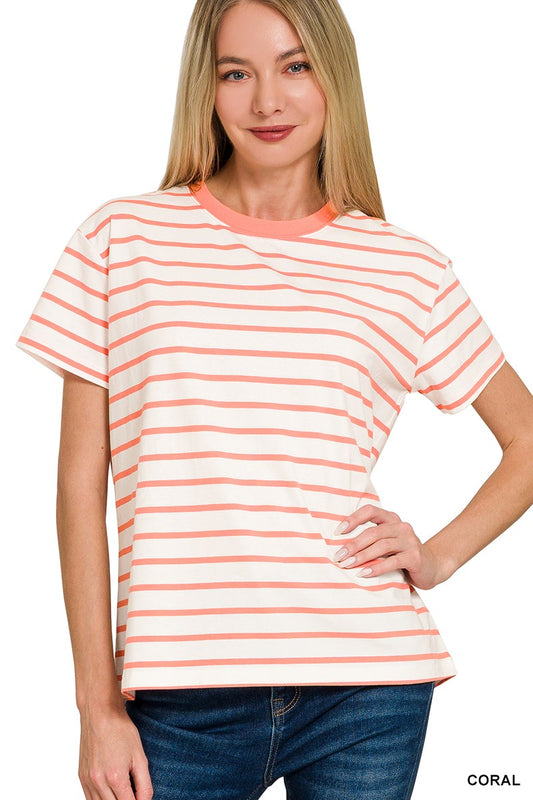 STRIPED CREW-NECK T-SHIRT - CORAL