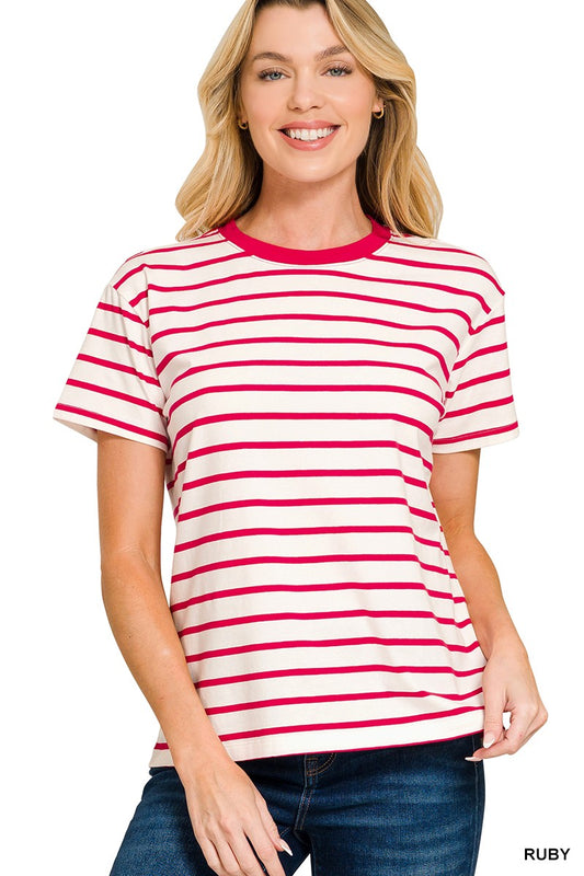 STRIPED CREW-NECK T-SHIRT - RUBY