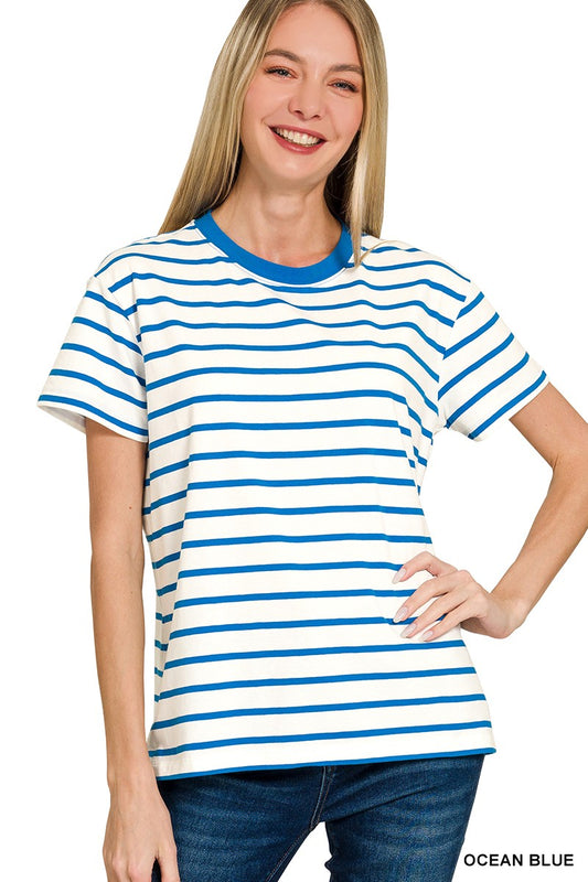 STRIPED CREW-NECK T-SHIRT - OCEAN BLUE