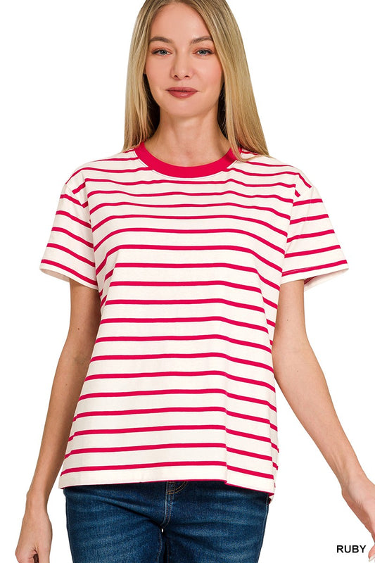 STRIPED CREW-NECK T-SHIRT - RUBY