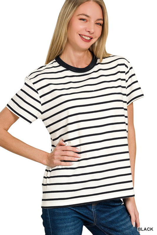 STRIPED CREW-NECK T-SHIRT - BLACK