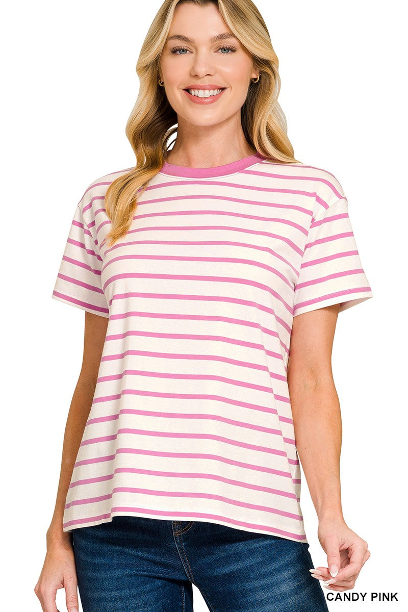 STRIPED CREW-NECK T-SHIRT - CANDY PINK