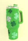 SAINT PATRICKS THEME SHAMROCK GRAPHIC RHINESTONE STAINLESS STEEL DOUBLE WALL TUMBLER