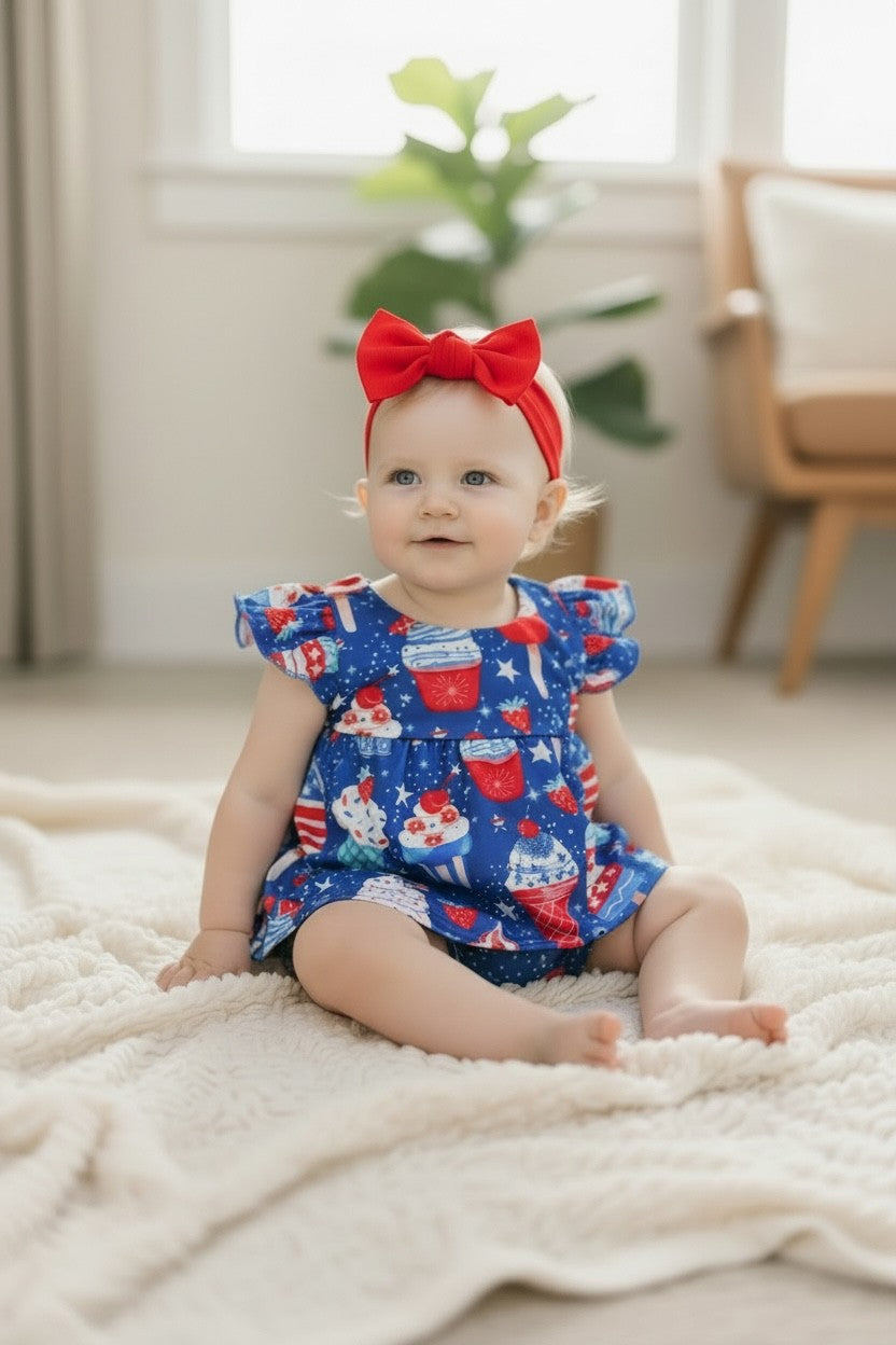 Cupcake Royal Blue Patriotic Baby Bodysuit Dress