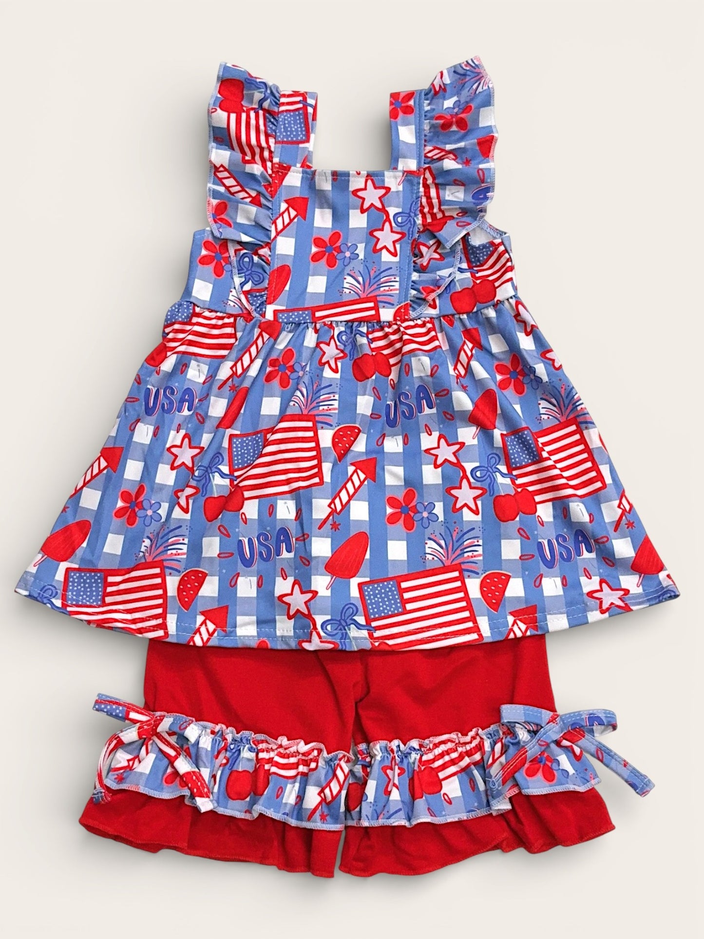 USA Patriotic Tunic & Red Shorts With Ruffle Hem