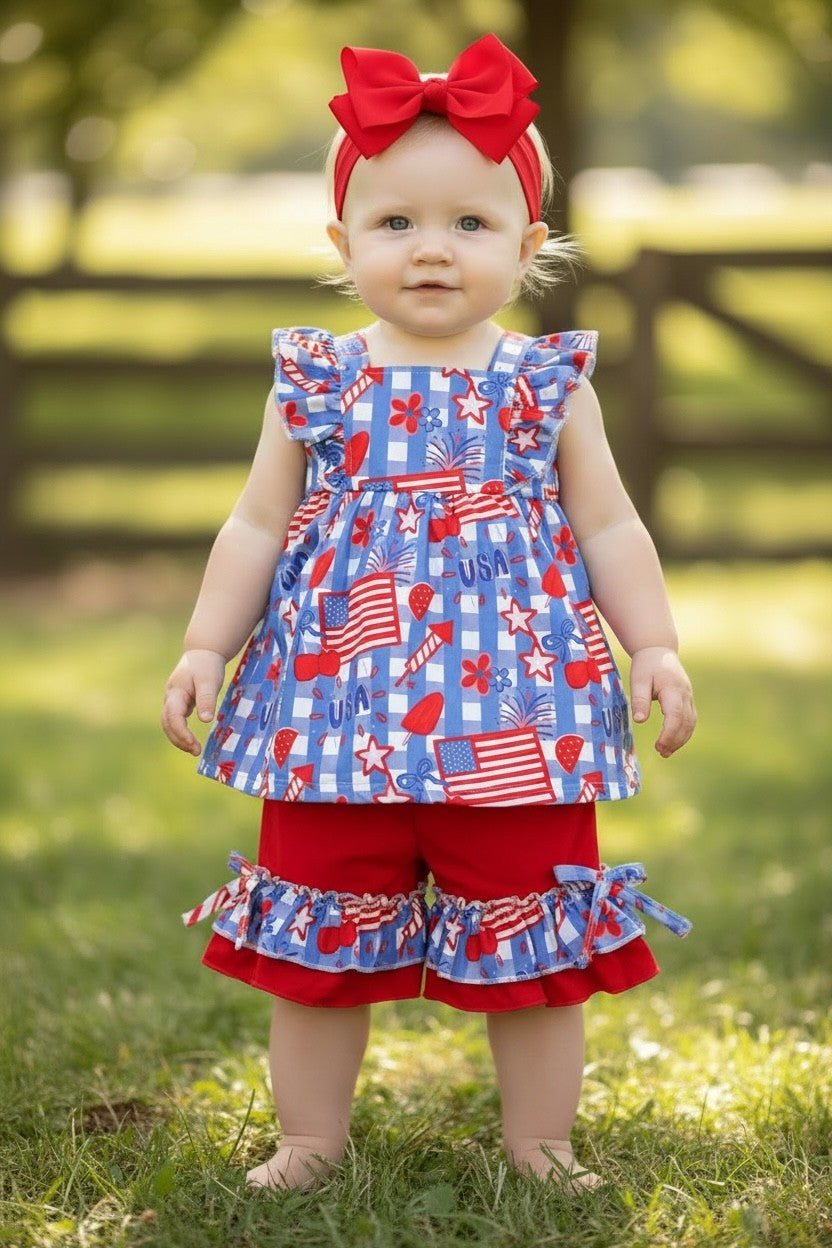 USA Patriotic Tunic & Red Shorts With Ruffle Hem