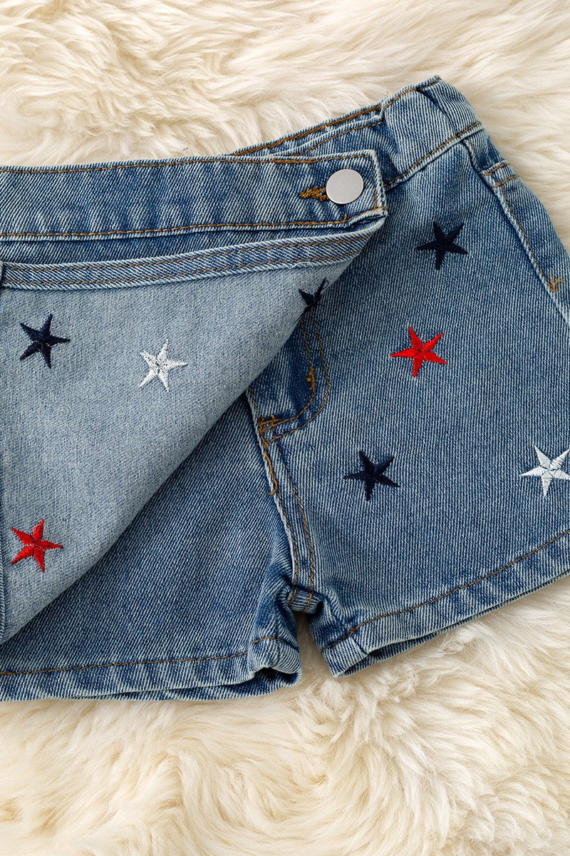 Multi-color Star Embroidered Denim Skort