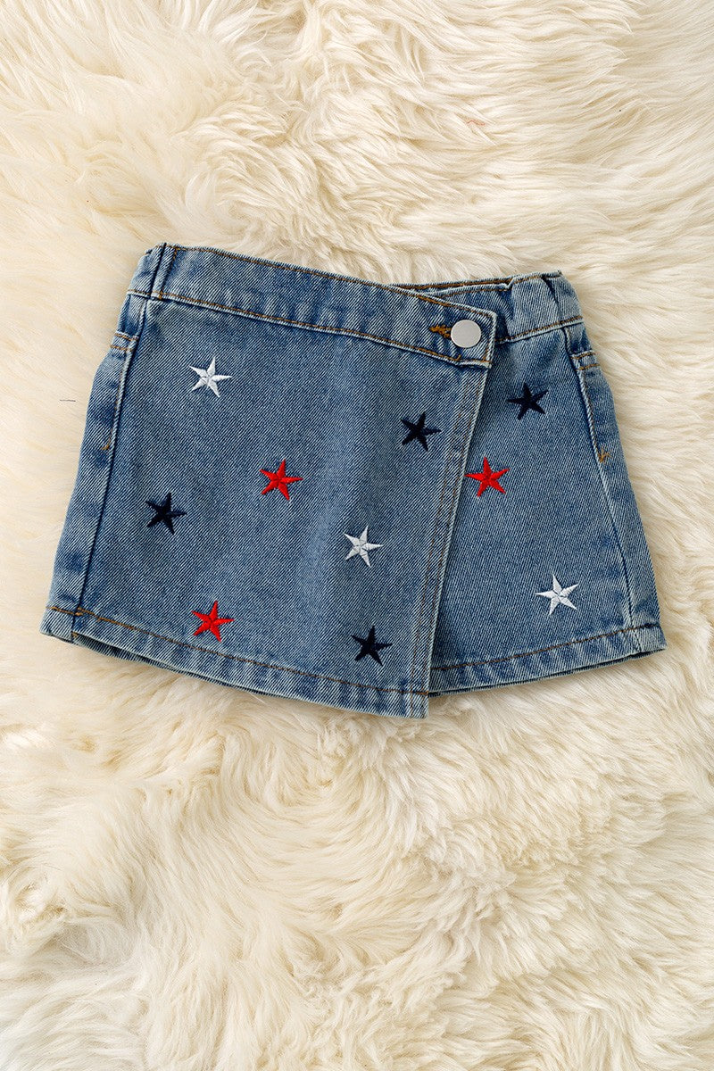 Multi-color Star Embroidered Denim Skort