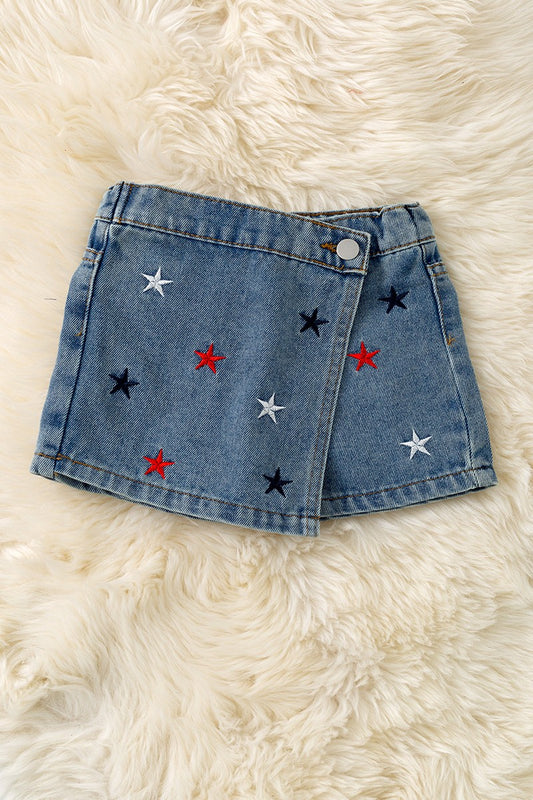 Multi-color Star Embroidered Denim Skort