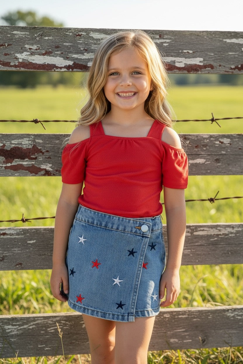 Multi-color Star Embroidered Denim Skort