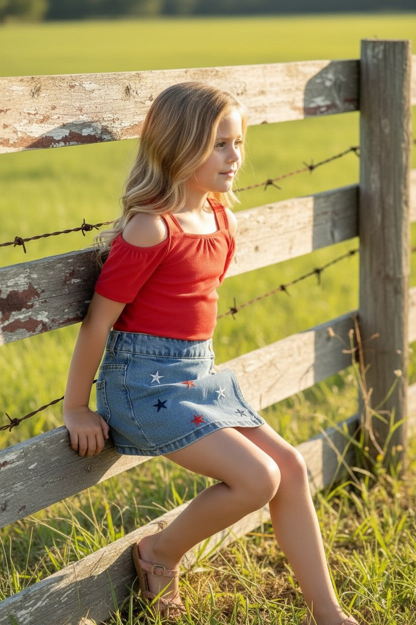 Multi-color Star Embroidered Denim Skort