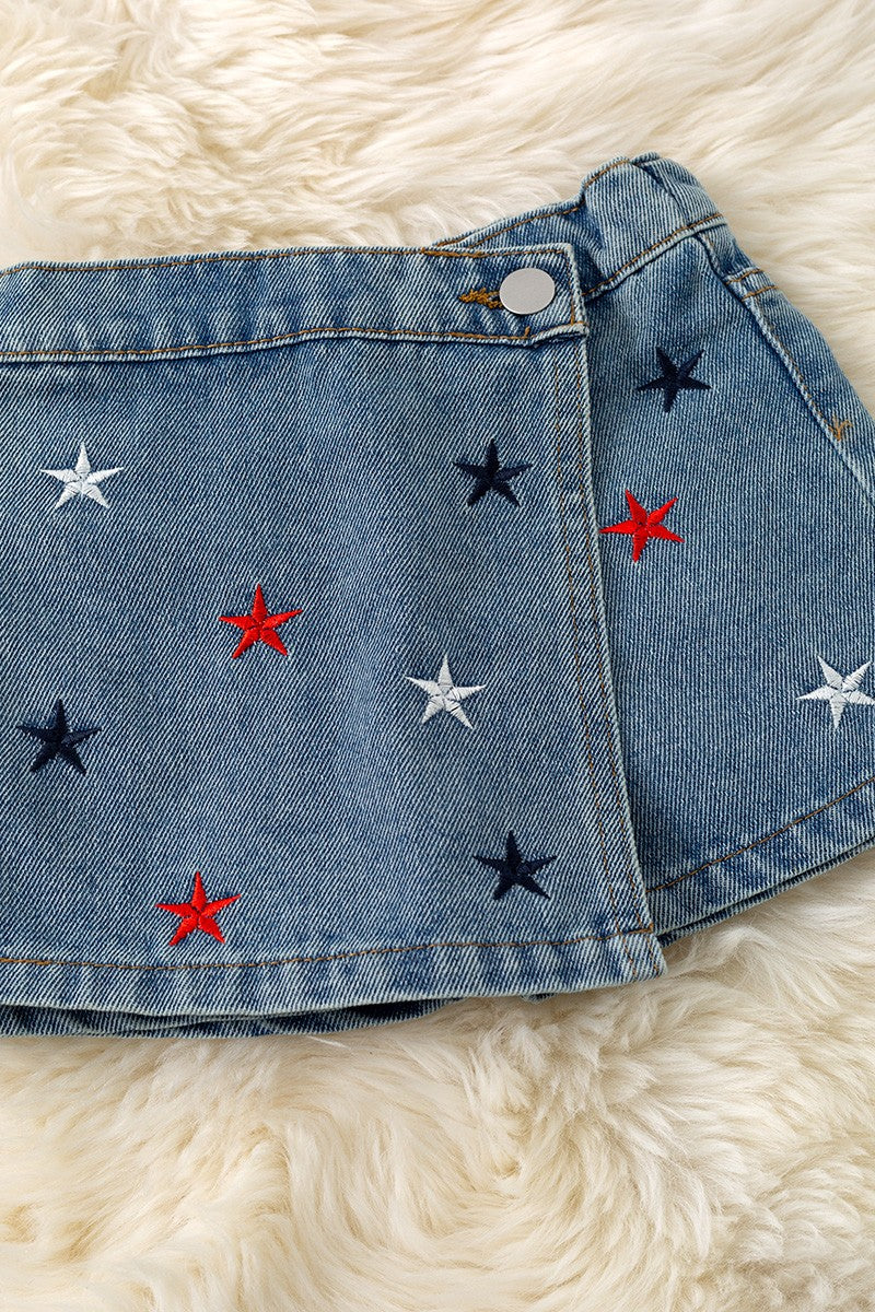 Multi-color Star Embroidered Denim Skort