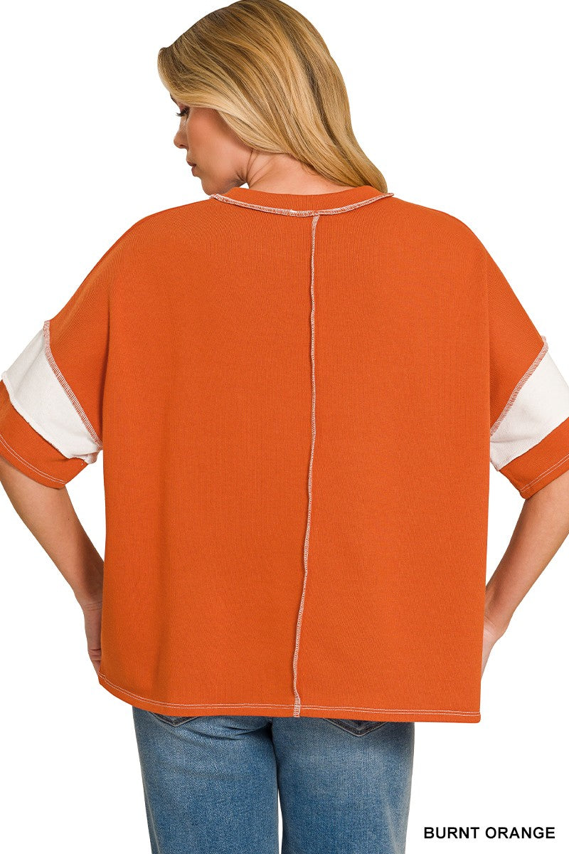 FRENCH TERRY STRIPED EXPOSED SEAM TOP - BURNT ORANGE