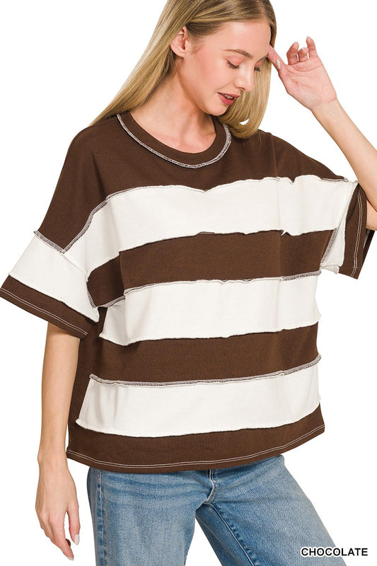 FRENCH TERRY STRIPED EXPOSED SEAM TOP - CHOCOLATE