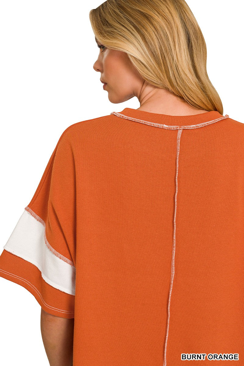 FRENCH TERRY STRIPED EXPOSED SEAM TOP - BURNT ORANGE