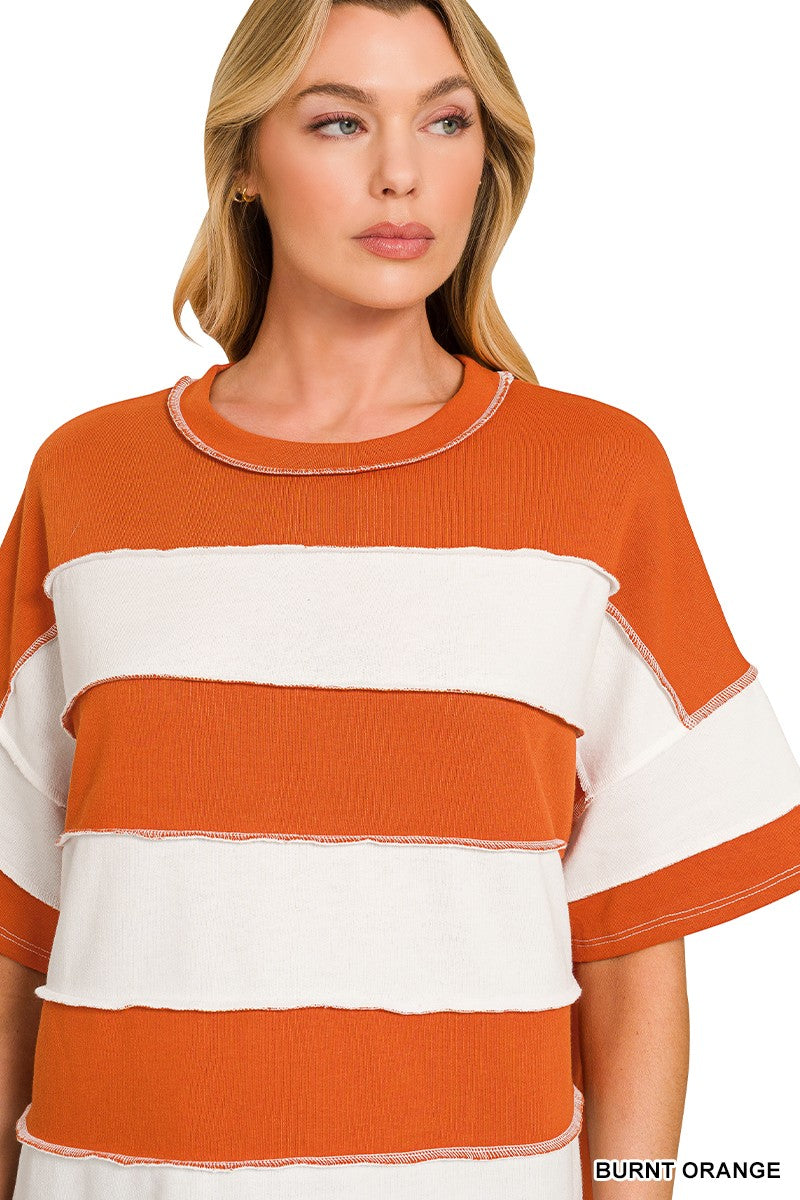 FRENCH TERRY STRIPED EXPOSED SEAM TOP - BURNT ORANGE
