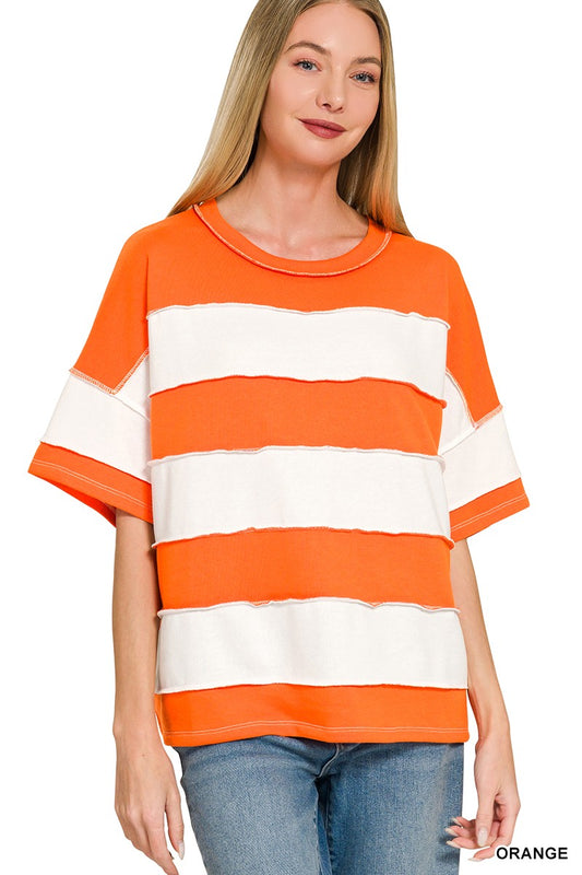 FRENCH TERRY STRIPED EXPOSED SEAM TOP - ORANGE
