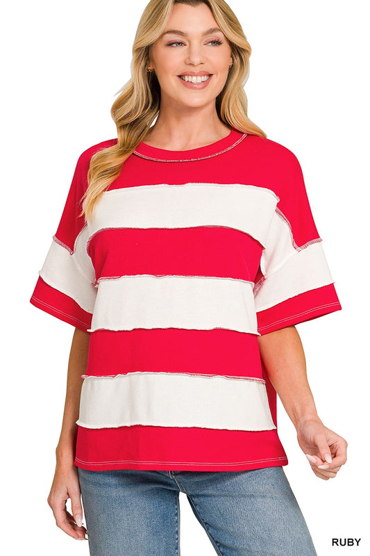 FRENCH TERRY STRIPED EXPOSED SEAM TOP - RUBY