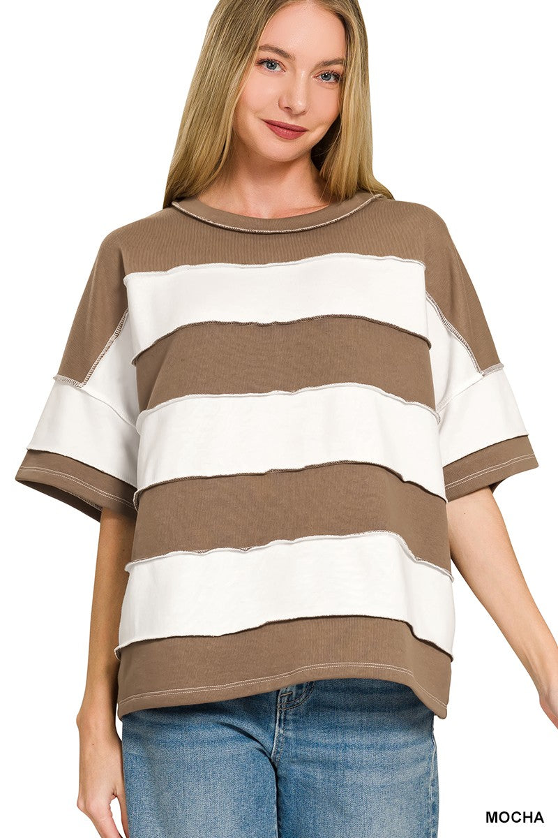 FRENCH TERRY STRIPED EXPOSED SEAM TOP - MOCHA