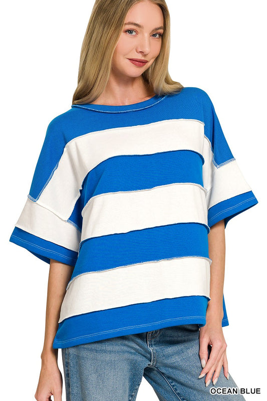 FRENCH TERRY STRIPED EXPOSED SEAM TOP - OCEAN BLUE
