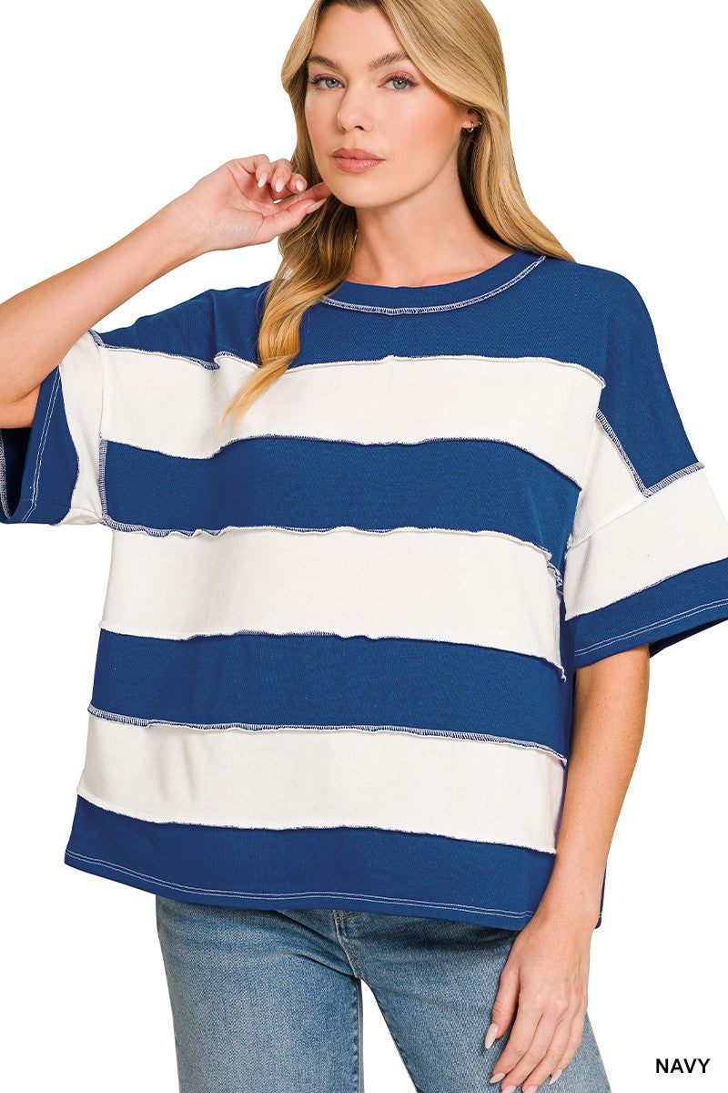 FRENCH TERRY STRIPED EXPOSED SEAM TOP - NAVY