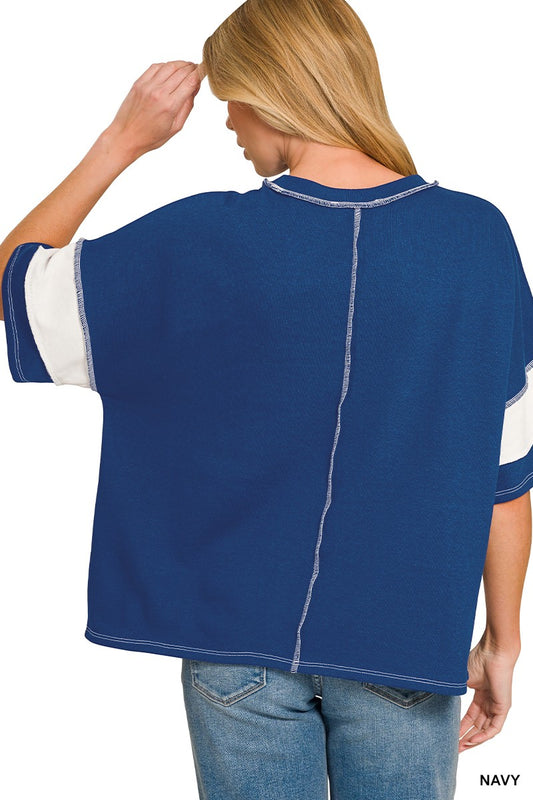 FRENCH TERRY STRIPED EXPOSED SEAM TOP - NAVY
