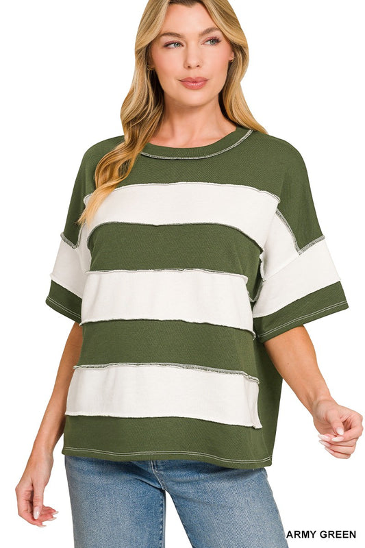 FRENCH TERRY STRIPED EXPOSED SEAM TOP - ARMY GREEN